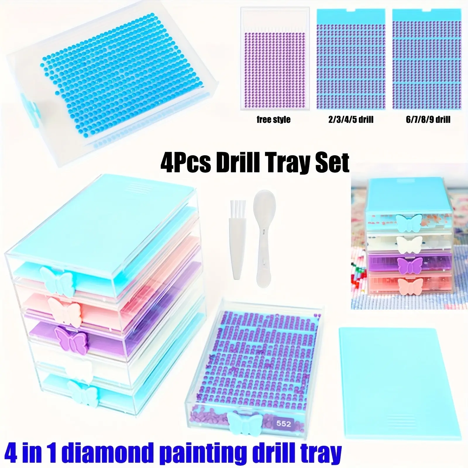 Diamond Painting Accessories Set, 4-In-1 Diamond Art Tools Kit with Brushes, Drill Trays, Spoons, Butterfly Plugs, Free Combination Options, Diamond Pattern Design DIY Kit