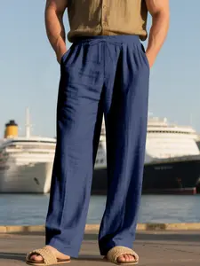 Men's Vacation Style Linen Wide Leg Pants, Drawstring Waist, Loose Straight Fit, American Casual Style, Summer Beach