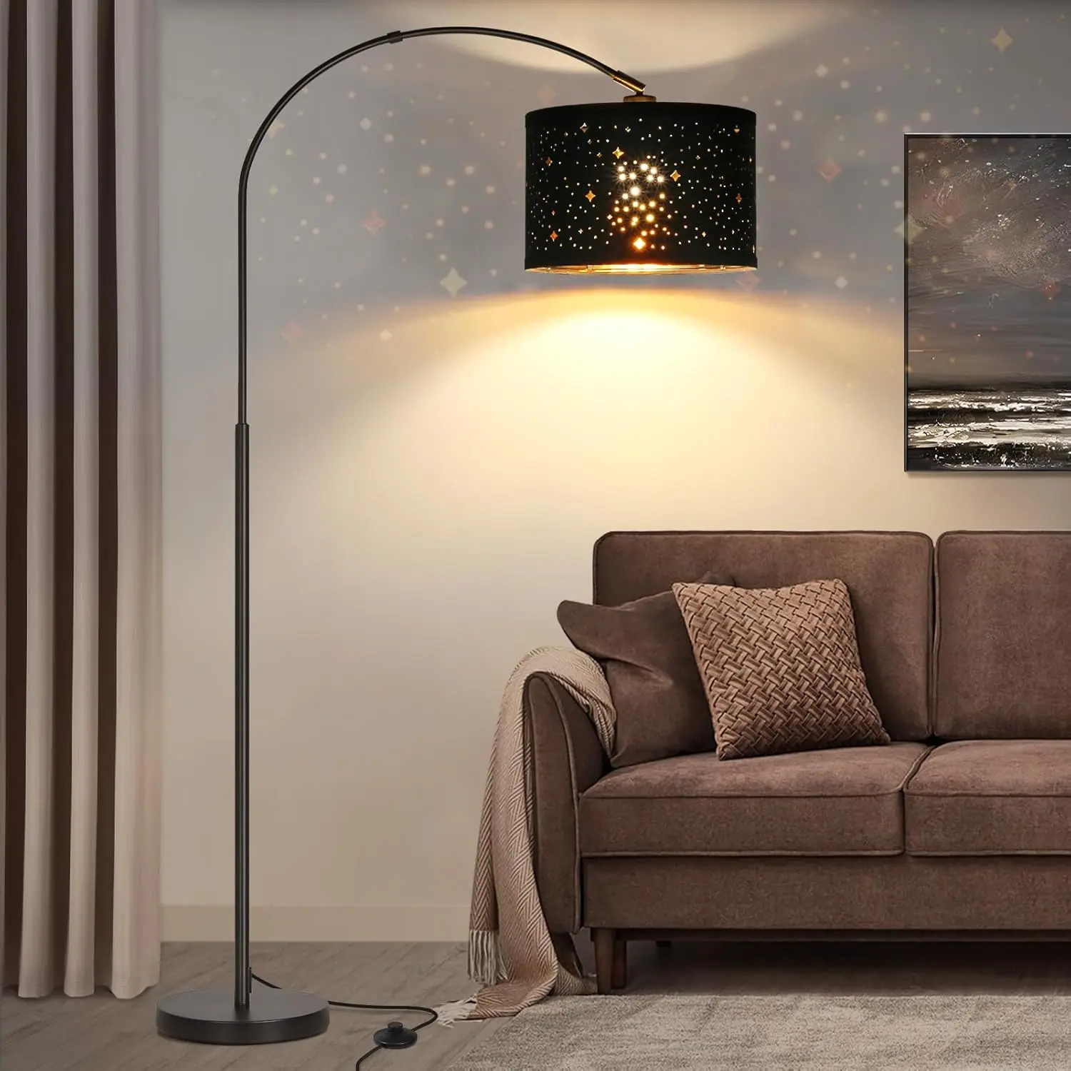 Modern Arc Floor Lamp, Tall Pole Lamp with Black Stars Lampshade, Arched Reading Light with Adjustable Lamp , Over Couch Hanging Light Corner Lamp for Living Room, Bedroom, Office (Black)