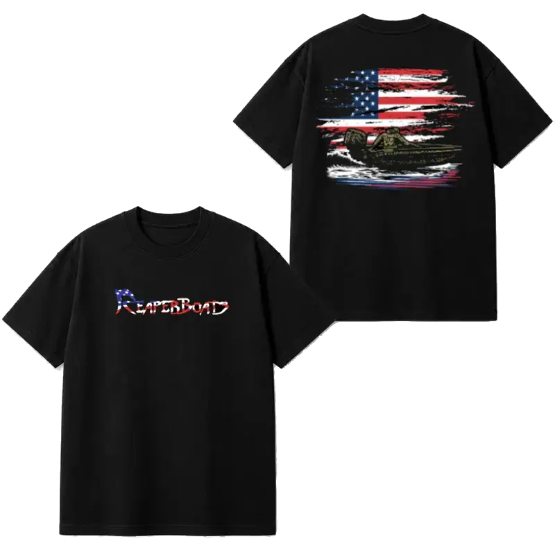 REAPER BOATS T-Shirt – Boating Tee Featuring Front Chest American Flag Logo & Distressed US Flag Mud Boat Back Graphic, Retro Patriotic Outdoor Design Novelty Gift for Waterfowl Hunters & Anglers, Menswear Medium Men's