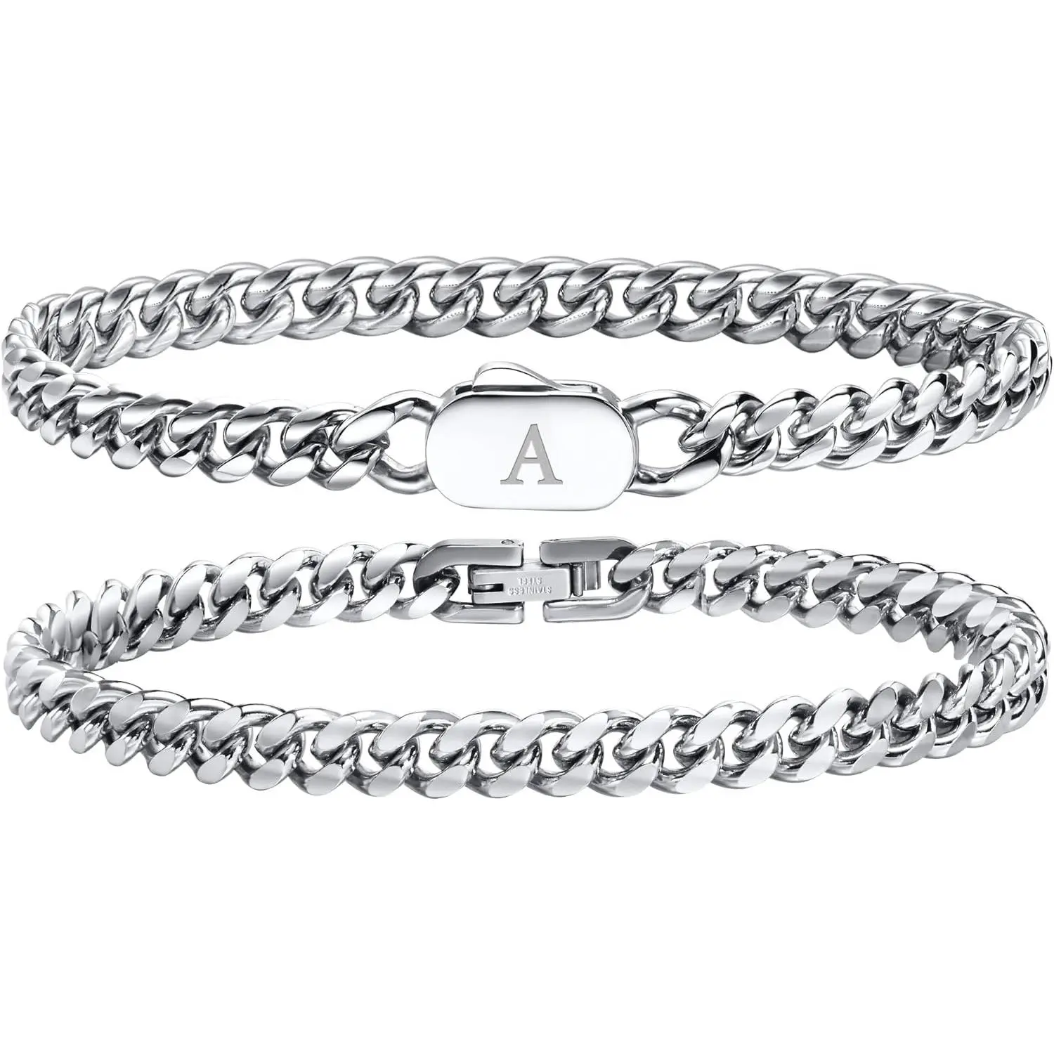 Initial Bracelets for Men, 2 Pcs A-Z Letter Bracelet Silver Mens Bracelet with Initial, Stainless Steel Stylish Non Tarnish Cuban Link Bracelet for Men Jewelry Gifts