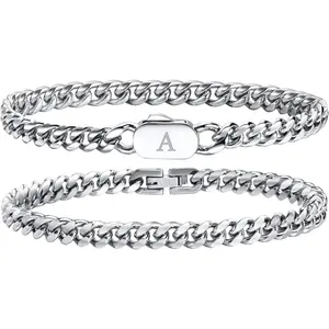 Initial Bracelets for Men, 2 Pcs A-Z Letter Bracelet Silver Mens Bracelet with Initial, Stainless Steel Stylish Non Tarnish Cuban Link Bracelet for Men Jewelry Gifts