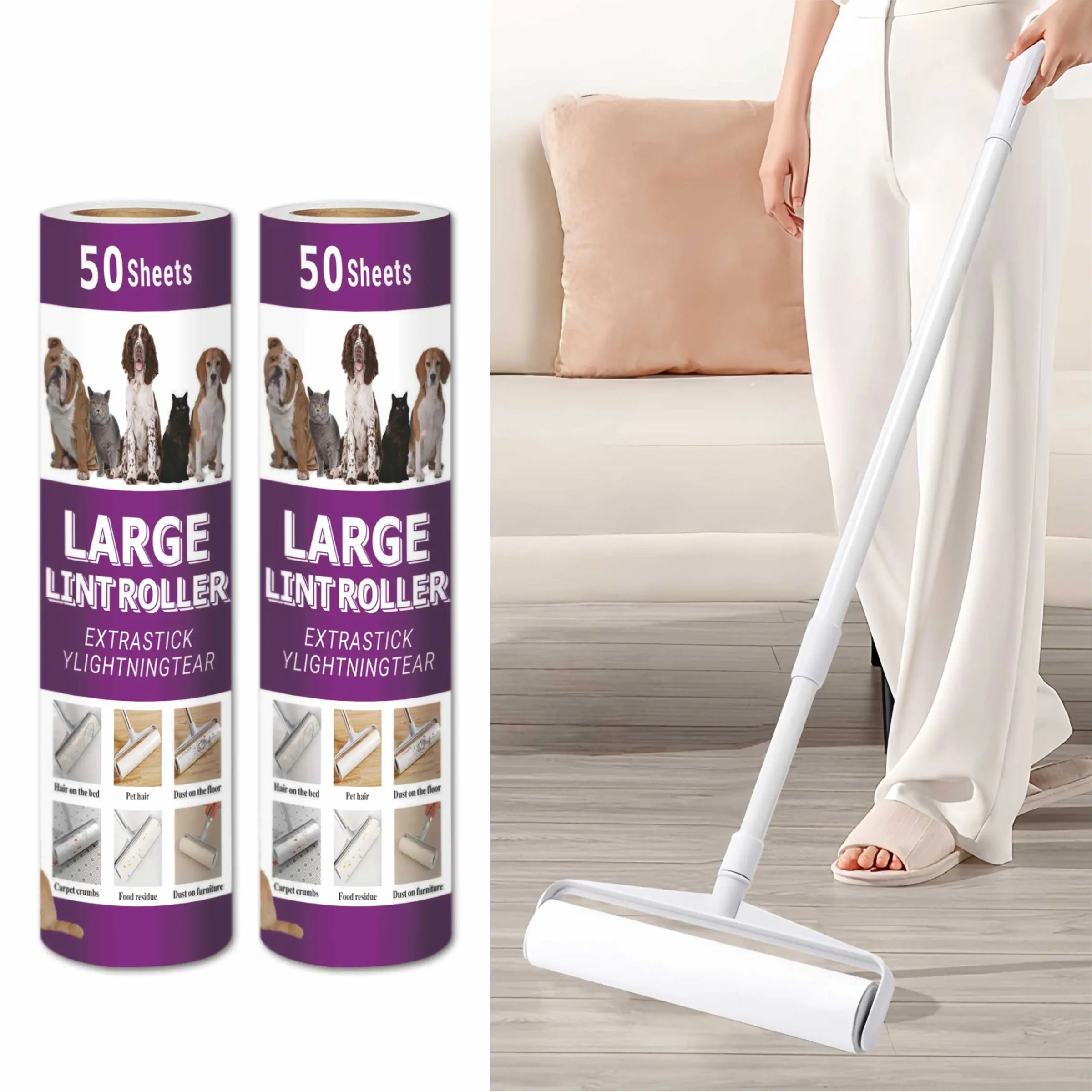 Extendable Handle Sticky Roller Set (3 Spare Papers), Lint Rollers, Ultra-Wide Roll, Strong Adhesion, Clean, Ideal for Floors, Carpets, Clothes, Sofa, Pet Grooming Hair Removal