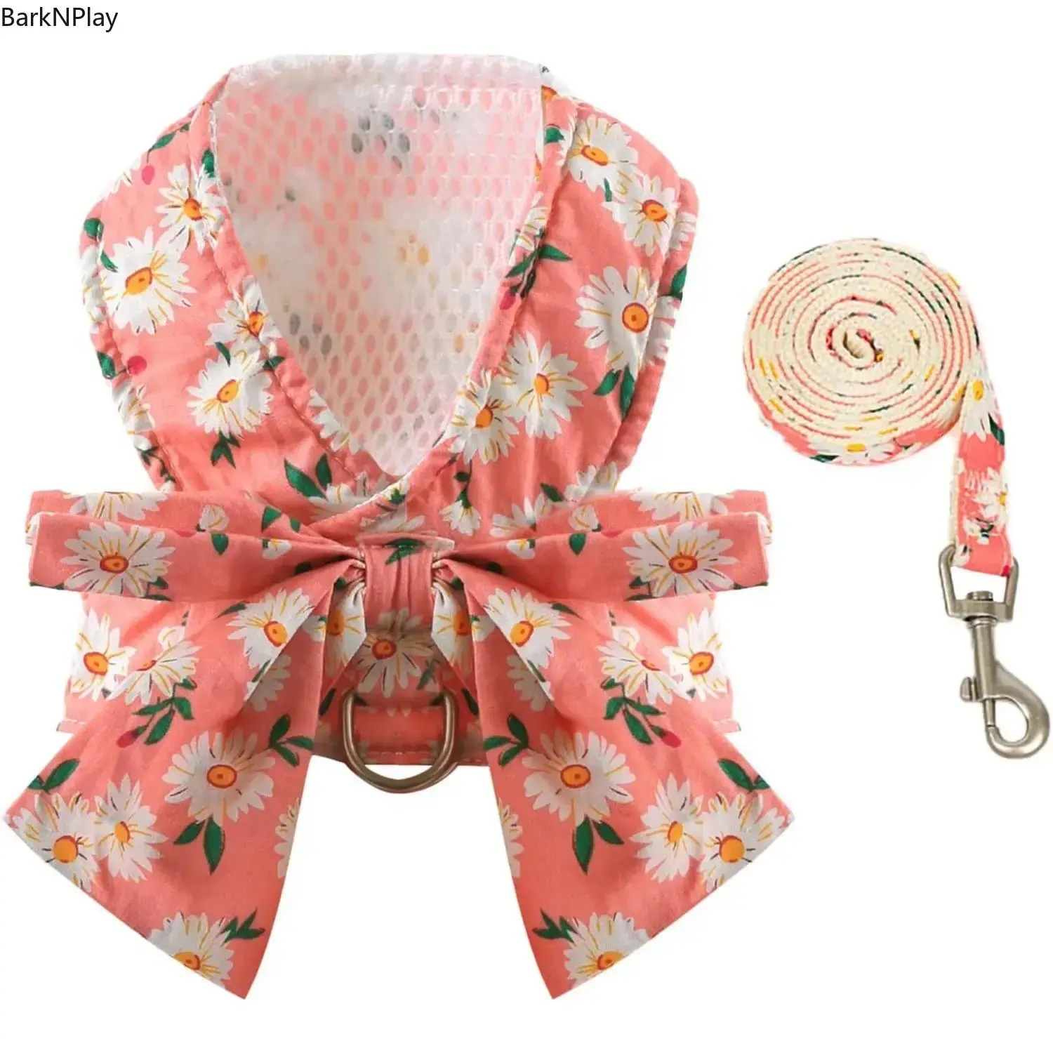 Dog Harness and Leash Set with Bow Knot, No-Pull Soft Mesh Daisy Floral Vest Harness with D-Ring, Escape-Proof Princess Harness for Small Dogs and Cats, Perfect for Christmas, Parties, and Daily Walks