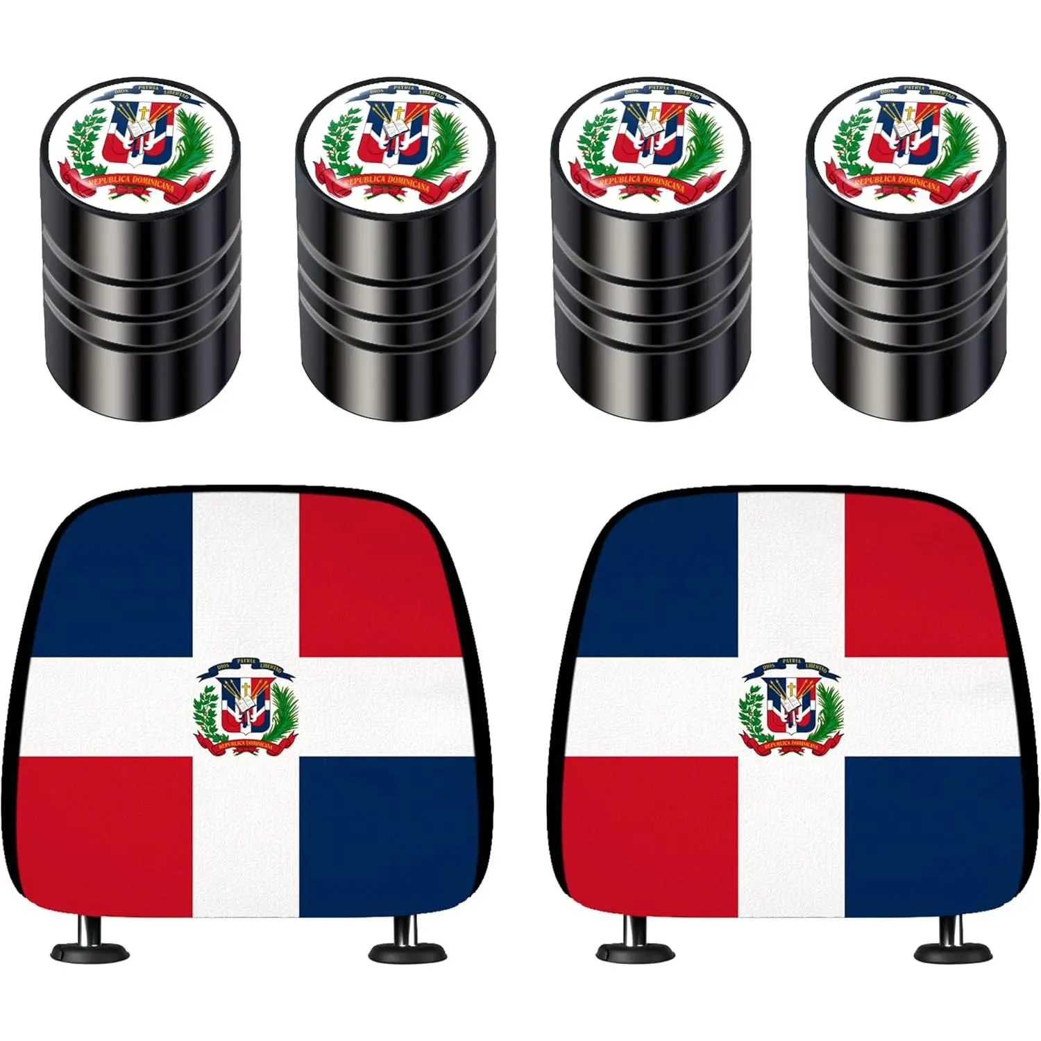 2-Pack Dominican Flag Car Headrest Covers & 4-Pack Dominican Republic Valve Stem Caps Set, Universal Auto Interior Seat Decor and Tire Accessories for Cars Trucks SUVs