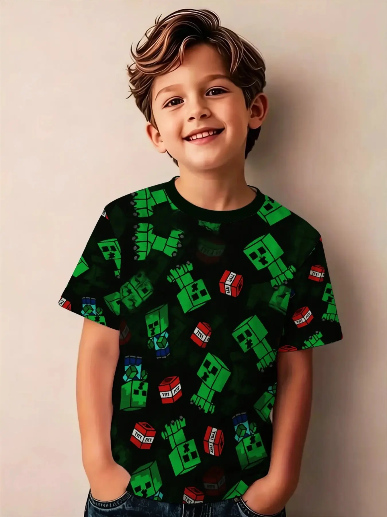Children Pixel Style Printed Short Sleeve T-Shirt, Unisex Casual Top, Square Pattern Summer Wear, Round Neck, H-Type Silhouette, Graphic Printed Tees