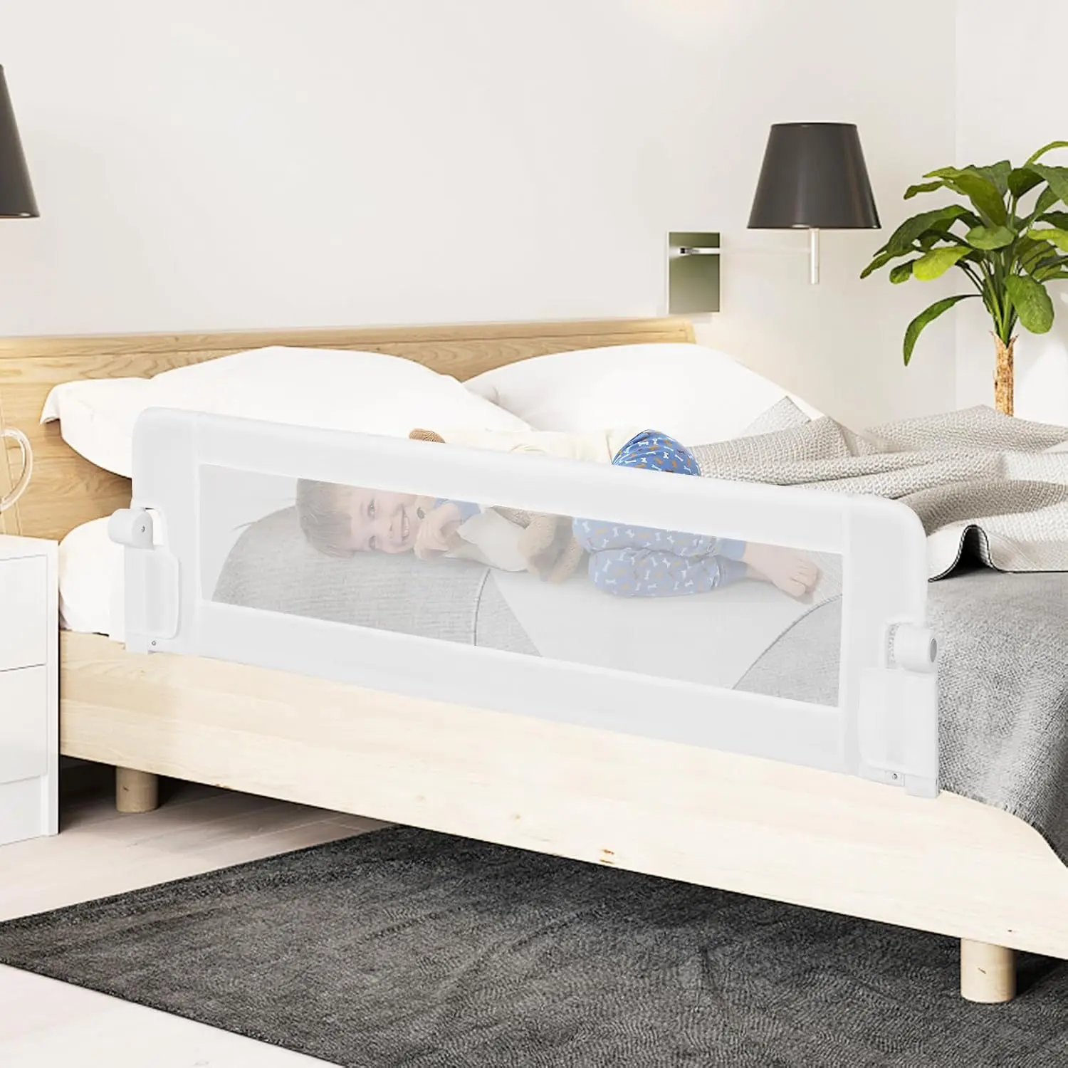 60'' Bed Rails for Toddlers, Extra Long, Swing Down Safety Bed Guard for Convertible Crib, Folding Baby Bedrail for Kids Twin, Double, Full Size Queen & King Mattress