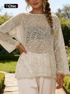 1 Piece Women's Sequin Mesh Cover Up Top, Long Sleeve Loose Fit Sheer Knit Peplum Blouse with Tie Neck, Lightweight Breathable Beach Cover Up, Figure Flattering for Vacation Pool Party Festival Daily Wear