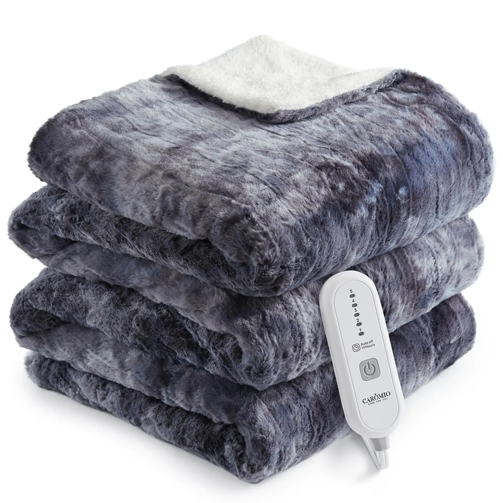 【GARVEE】Heated Electric Throw Blanket, Fast Heating Electric Blankets with 5 Heating Levels & 4 Hours Auto Off, ETL Certified Soft Thicken Faux Fur Heat Throws for Couch, Grey Tie-Dye, 50" x 60"