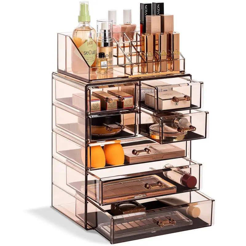 Sorbus Medium Cosmetic Storage Organizer Set - Durable Plastic, 3 Large/4 Small Drawers, 16-Slot Removable Top Tray, Grip-Easy Handles, Smooth Slide-Open Access, 9.25in L x 6.25in W x 14.25in H, Modern Vanity Makeup Brush Organizer for Makeup Bags