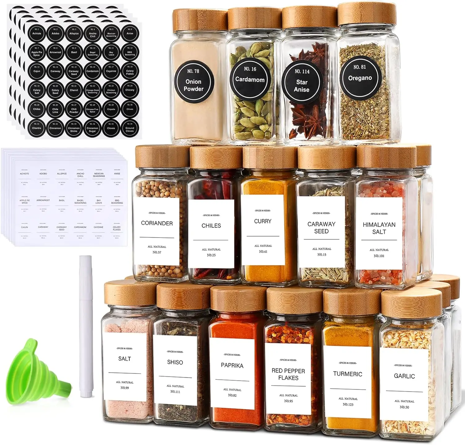 24-Piece Natural Glass Spice Jars Kitchen Utensils Set - Bamboo Lids, Labels, Rack, Containers for Kitchen Food Storage & Cabinet Seasoning Organization