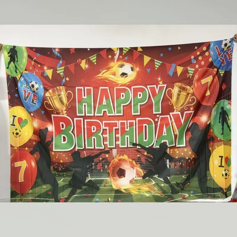 Soccer Themed Happy Birthday Party Backdrop, 1 Count Football Pattern Birthday Party Decoration, Photo Background, Wall Decoration, Home Decor, Party Decorations Banners, Banners, Party Decoration Supplies