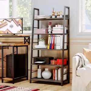 Little Italy Ladder Bookcase for Living Room Furniture Bookcases - Mixed-Material Ladder Bookshelf with 5 Fixed Shelves, Metal