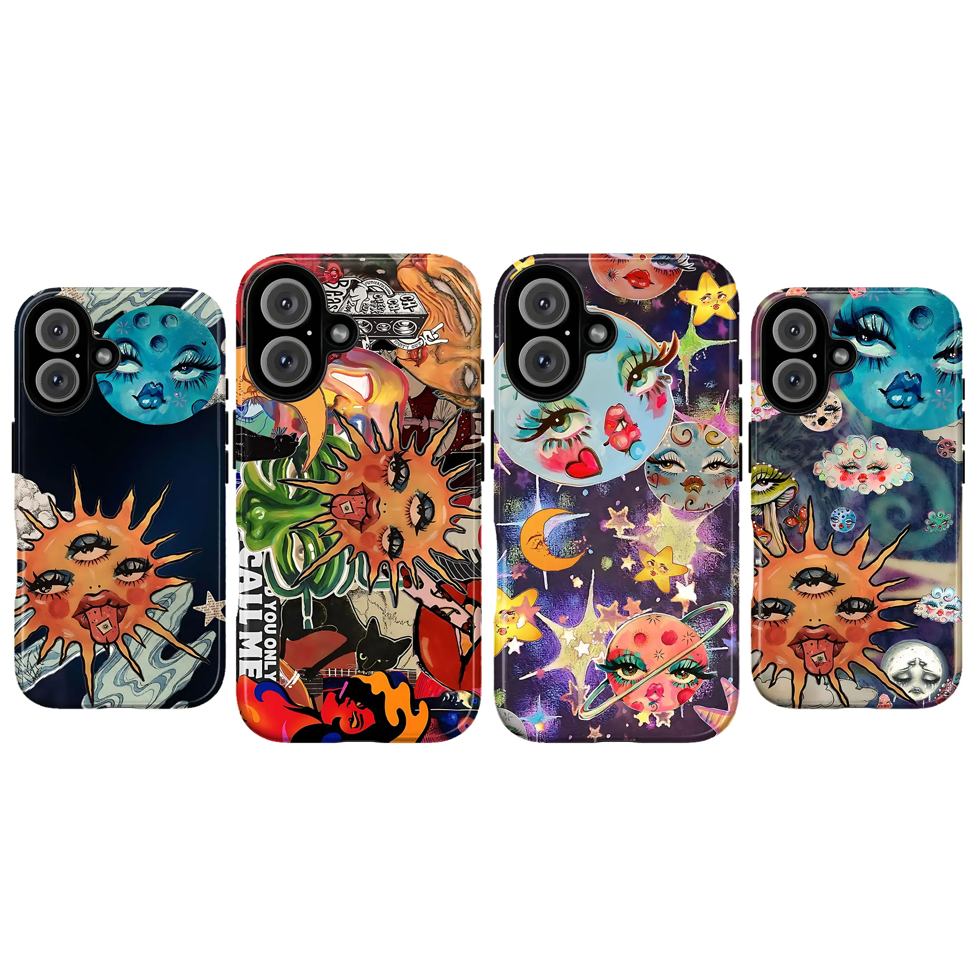 Celestial Sun & Moon Phone Case – Surreal Cosmic Faces Art Cover, Retro Y2K Space Aesthetic, Dreamy Galaxy Stars Planets Illustration Protective Case for iPhone 17 16 15 14 13 12 11 Pro Max Plus Mini, Whimsical Gift for Him & Her