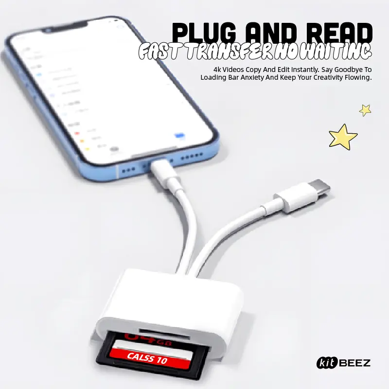 KITBEEZ 2-in-1 SD/TF Card Reader, Lightning & USB-C Dual-Port Adapter for iPhone, Android, Tablets & Computers, 4K Transfer, Plug & Play for Dash Cams