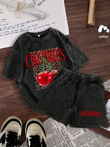 Women's Summer Cotton Knit Short Sleeve Shorts Set, Casual Fashion, Regular Fit, Cherry Print Leopard Pattern Tee, Outdoor Wear