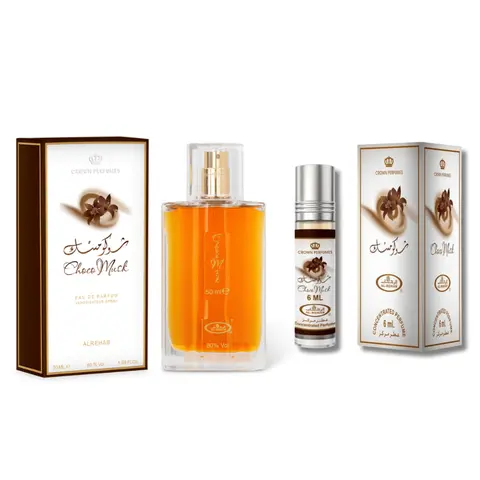 Al-Rehab Choco Musk Perfume Set - Eau de Parfum 50ml & 6ml Concentrated Oil - Sweet Vanilla Chocolate Musk Notes for Men Women Long Lasting Unisex Fragrance