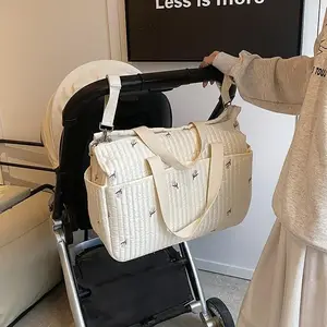 Large Capacity Diaper Bag, 1 Count Cute Bear Or Flower Embroidery Diaper Bag, Baby Stroller Bag, Travel Bag for Parents, Birthday Gift