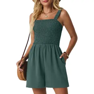 Lepunuo Womens Rompers for Summer Casual Smocked Jumpers Overalls Square Neck Jumpsuits with Pockets Beach Vacation