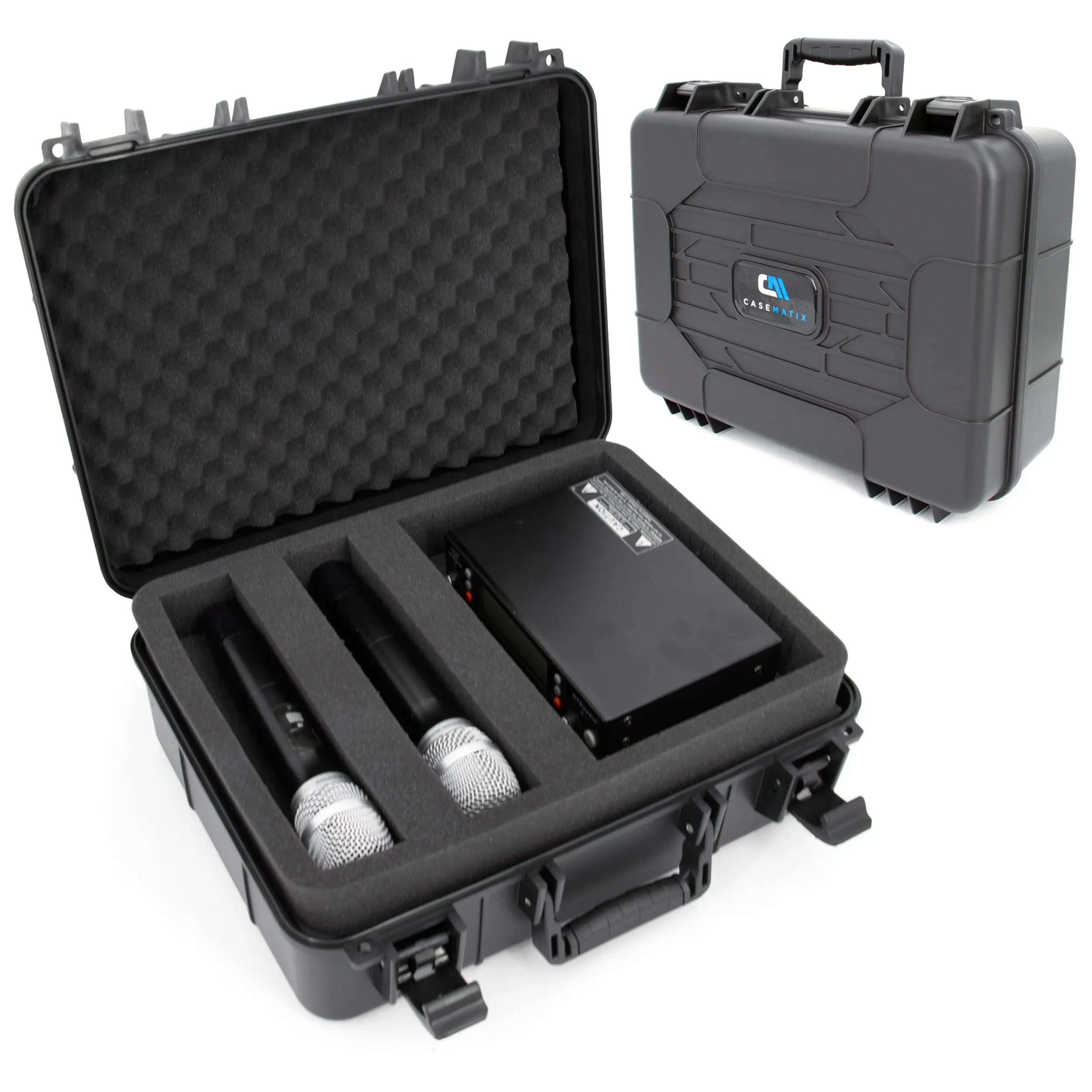 CASEMATIX Hard Shell Wireless Microphone Case with Dual-Layer Foam Trays & Built-In Carry Handle for Shure & Sennheiser Mics Receivers Transmitters Bodypacks Cables