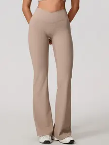 Women's Fashion Ribbed Wide Leg High Waisted Yoga Pants, Flare Leggings, Breathable Leggings, No Pocket Slim Fit Cross Front Design, Soft Polyester Spandex Fabric