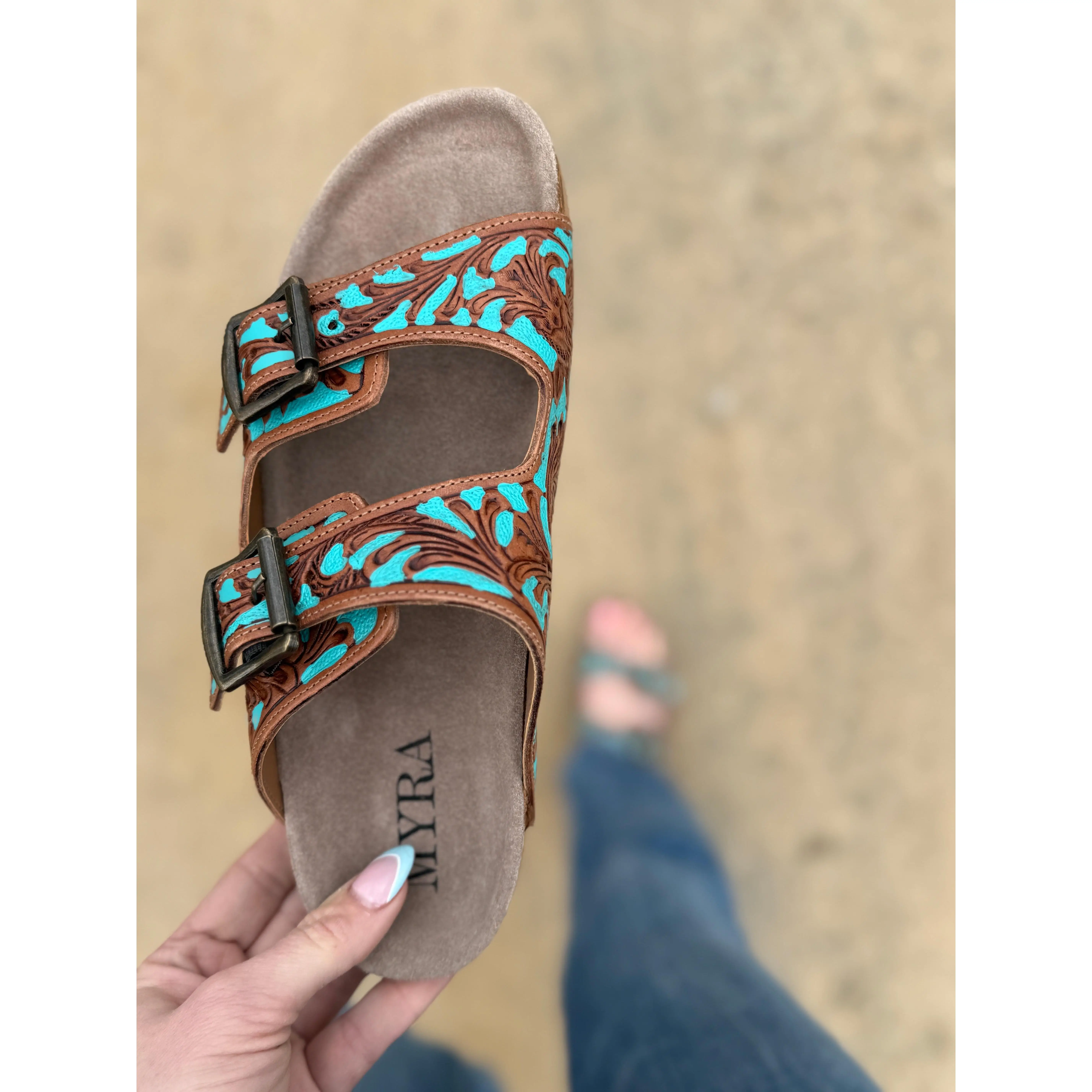 Falling Feather Tooled Leather Sandals