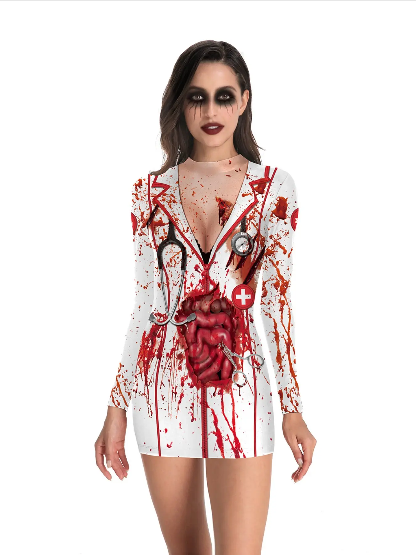 Halloween Horror Blood Nurse Uniform Cosplay Costumes Womenswear Women 3D Printed Skeleton Uniform Carnival Sexy Cosplay Outfit Dresses, No Props Included
