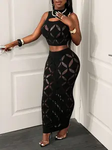 Cutout Cropped Mesh Tank Top And High Waist Bodycon Skirt Set