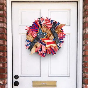 4th of July Independence Day Rattan Hoop Wreath with Wooden Star Sign, Patriotic Red-White-Blue Polyester Decoration, Front Door Hanging Ornaments for Home Room Decorations (Holiday Atmosphere Enhancement)