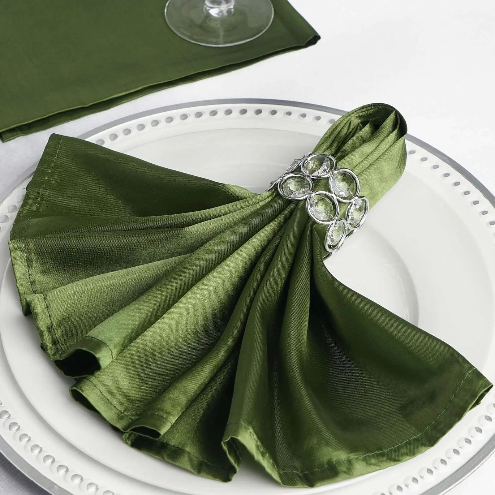 5-Pack Solid Olive Green Satin Napkins (20"x20") - Luxury Shine, Smooth Finish Tableware for Wedding Party Table, Banquet, Birthday Event, Luxurious Shine