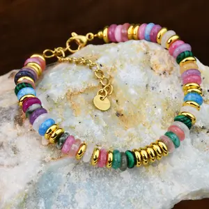 Women's Colorful Natural Stone Beaded Bracelets - Gold-Tone Spacer Beads, Adjustable Bohemian-Inspired Dopamine-Style Stackable Crystal Light Luxury Accessory for Everyday Wear
