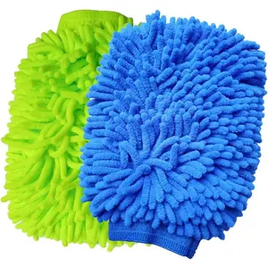 2 Pack Car Wash Mitt Microfiber Chenille Car Wash Mitt Scratch Free For Cars Cleaning, Home Cleaning Mitts (Green/Blue)