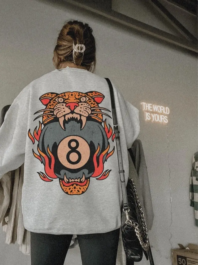 Lucky Leopard Sweatshirt Traditional Tattoo 8 Ball Shirt Grunge Streetwear Lucky Me Yallternative Aesthetic Hoodie Vintage Western Crewneck