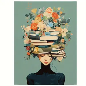 [Canvas Art] 1pc Inspirational Floral Crown Reader 2D Flat Canvas Wall Art Print - Vintage Print, Waterproof Soft Canvas, Ideal Gift for Book Lovers, Home Office Lounge Bedroom Decor