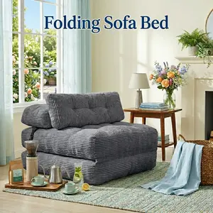 SummerVibes Folding Sofa Bed, Convertible Sleeper Chair Couch Bed Faux Rabbit Fur for Adults with Back Support Floor Couch Comfy Floor Sofa for Living Room Bedroom  Dark Grey  Single