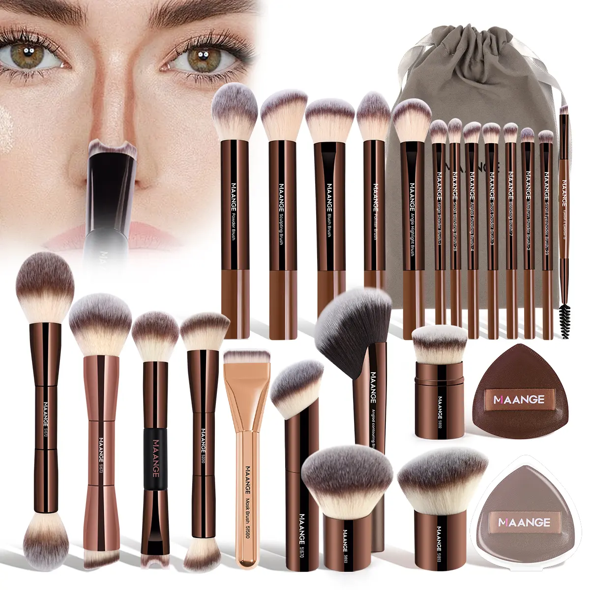 MAANGE 23Pcs Nose Contour Cosmetic Brush Set - Makeup Tools Set with Concealer & Eyeshadow Brushes, Soft Bristles for Easy Shaping, Beginner-Friendly for Liquid, Cream & Powder