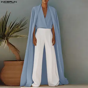 INCERUN Men's Formal Plain Light Blue Deep V Crossover Flowing Ultra-Long Woven Fabric Cape Top, Fashion Menswear Costumes with Finished Hem, Spring/Summer Cosplay Deity Role-Playing Clothes