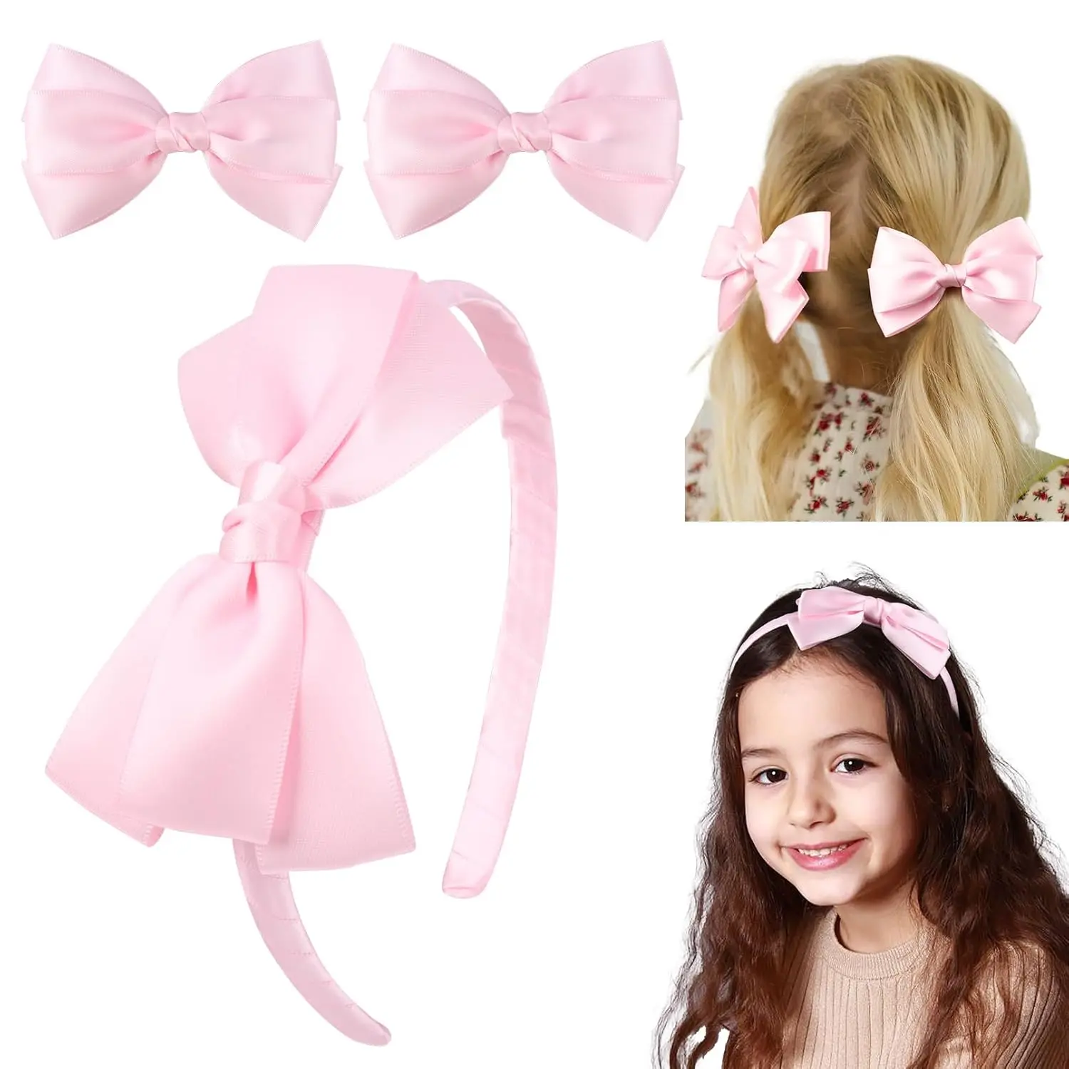 Light Pink Bow Headband & 2 count Satin 4 Inch Hair Bows Set Uniform Hair Accessories Hair Band for Little  School  -Light Pink