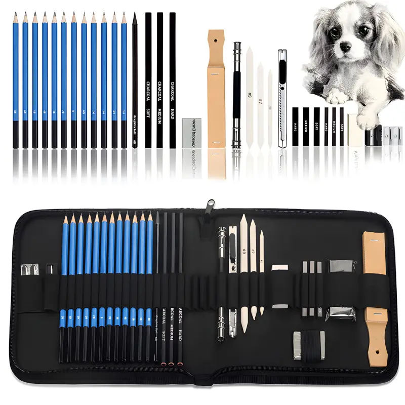 34Pcs Pro Drawing Kit Sketching Pencils Set,With Sketchbook,Portable Zippered Travel Case-Charcoal Pencils, Sketch Pencils, Charcoal Stick,Sharpener,Eraser.Art Supplies for Artists Beginner Adults Teens