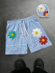American Retro Blue Plaid Floral Patchwork Shorts, Men's Summer Loose Drawstring Casual Beach Pants, Comfortable and Stylish