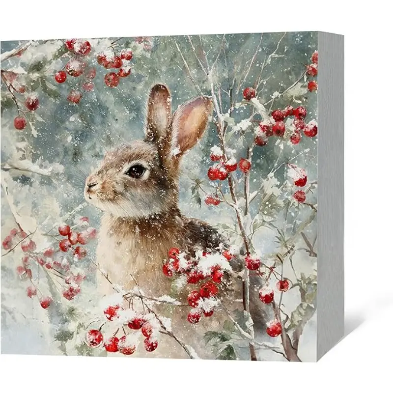 Winter Christmas Bunny Wood Box Sign Desk Decor, Gifts for Bunny Lovers Women, Farmhouse Christmas Rabbit Wooden Block Box Sign Decoration for Home Bedroom Shelf Table Decor,5x5 inch