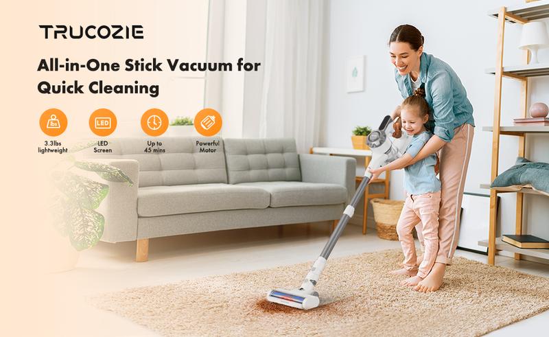 【Homeika 2025 newly upgraded】Trucozie T350 cordless vacuum features an 8-in-1 lightweight design with up to 45 minutes of runtime and 33Kpa of powerful suction. This rechargeable cordless vacuum is ideal for carpets, tiles, pet hair, and hardwood floors. 【Homeika 2025 newly upgraded】Trucozie T350 cordless vacuum features an 8-in-1 lightweight design with up to 45 minutes of runtime and 33Kpa of powerful suction. This rechargeable cordless vacuum is ideal for carpets, tiles, pet hair, and hardwood floors.