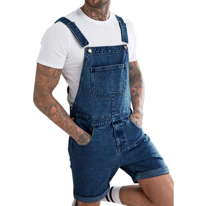 Imily Bela Mens Denim Shorts Bib Overall Jean Romper Casual Loose Fit Walkshort Button Pockets Summer Jumpersuit Fashion Menswear