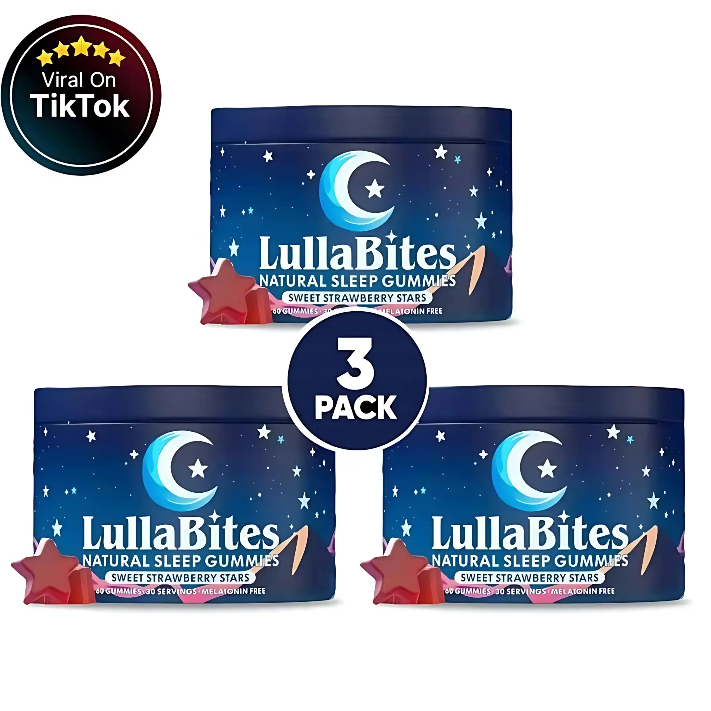 LullaBites Natural Sleep Gummies - 30 Servings-Sweet Strawberry Stars (Melatonin Free)