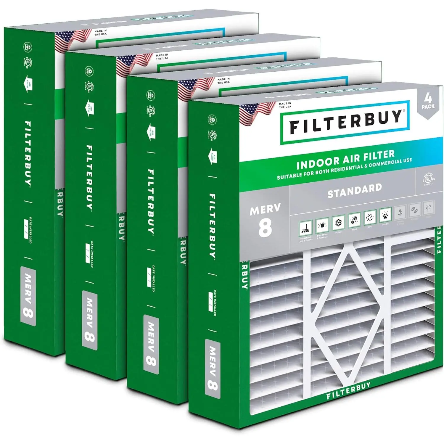 Filterbuy 20x20x5 HVAC AC Furnace Air Filter (4-Pack) - Pleated MERV 8 Synthetic Media Dust Defense, Easy Installation for Amana, Coleman, Goodman, Maytag, York & More