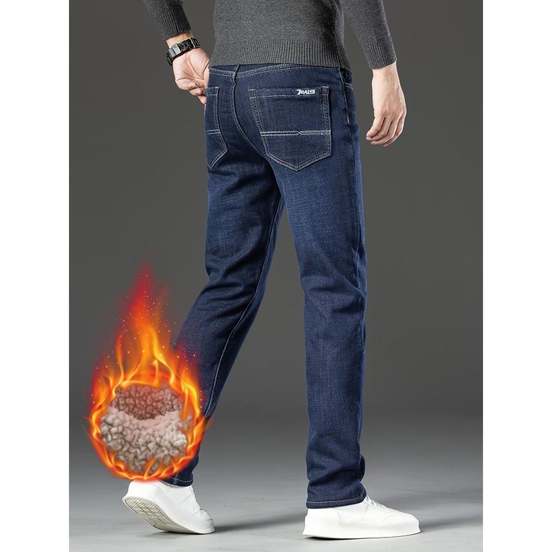 Men's Winter Warm Fleece-Lined Jeans - Thickened Elastic Straight-Leg ...