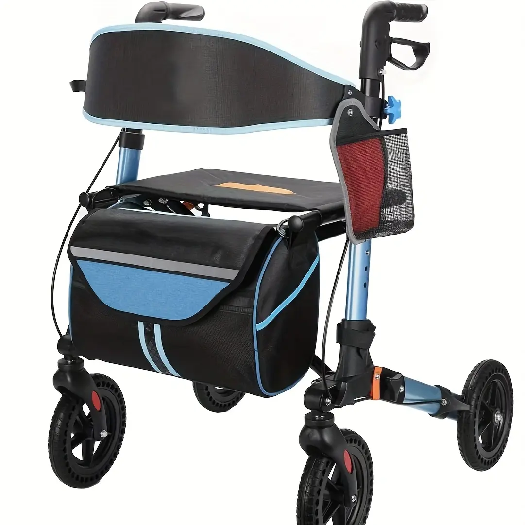 Aojin Multifunctional Rollator Walker for Seniors & Adults - Lightweight Aluminum Frame, Adjustable Height, 300 lbs Capacity, Foldable Travel Size (17.3 x 13.2 inches), 8in Secure Shock-Absorbing Wheels, Comfortable Seat, Blue, Outdoors-Ready