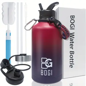 Bogi 64 Oz Stainless Steel Kettle, 2 Liter Double Vacuum Thermal Insulation Kettle with Straw, with 3 One Lid and Nylon Rope Handle, Wide Mouth Metal Kettle, Leak Proof, Heat and Cold Insulation