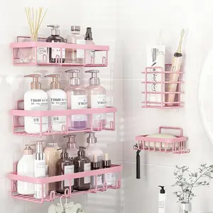 2026 Trending 5-Pack No Drill Corner Shower Caddy Set, Food-Grade Stainless Steel Rustproof Waterproof Rack, Strong Traceless Adhesion Hollow Drainage Shelf, with Toothbrush Soap Holder & Hooks, Large Capacity for Bathroom Kitchen Dorm Practical Gifts