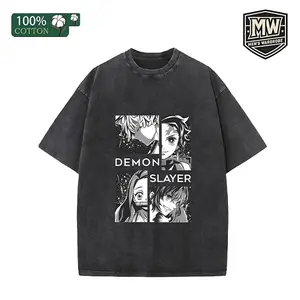 Vintage Washed Demon Slayer Graphic T-Shirt | 100% Cotton Anime Tee | Tanjiro Nezuko Zenitsu Inosuke Print | Unisex Casual Streetwear for All Seasons